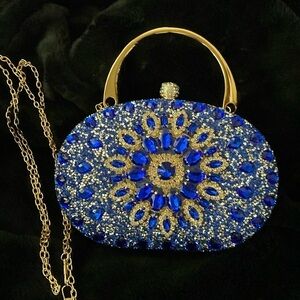 Ramla Sapphire Blue Jeweled bag with removable handles- Chain/Clutch/Handbag